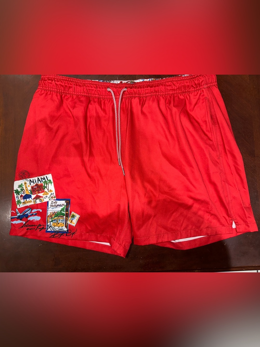 Robert Graham Red Men's Flat Front Shorts with Miami Patch